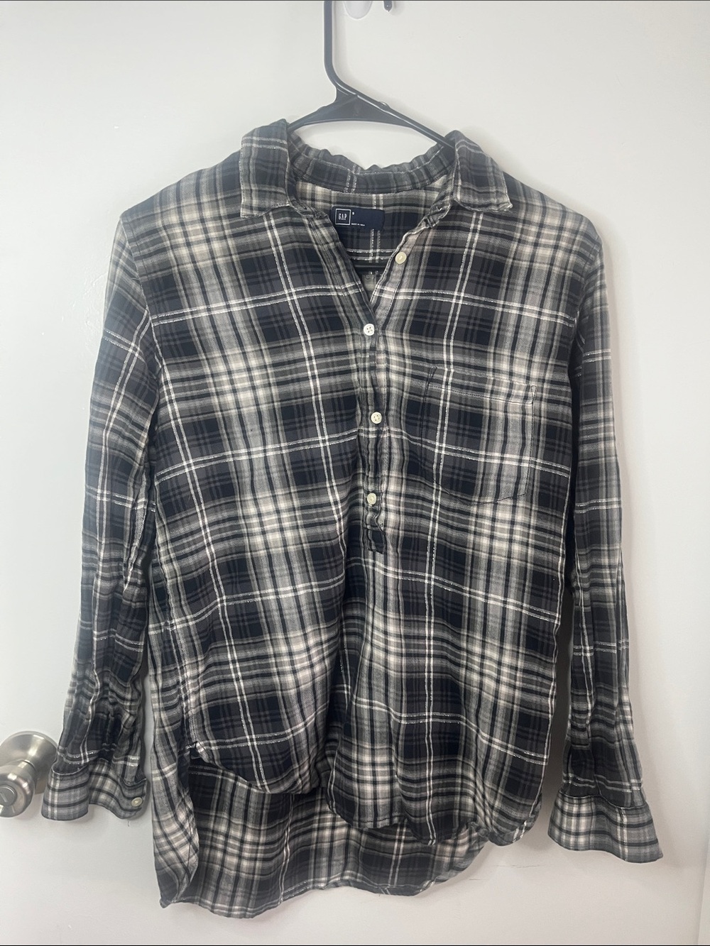 Gap Roll Sleeve Grey Plaid Popover Half Button Tunic Shirt Long-Sleeved